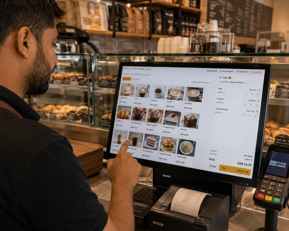 A barista at a bakery and café counter tapping items on a Qeemah POS touchscreen terminal beside a receipt printer and mada card reader.